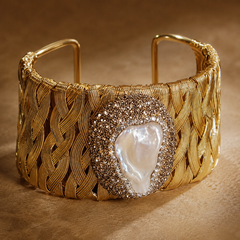 Gold Woven Pearl Cuff Bracelet | Vintage Wide Statement Bracelet by AMBERÉA