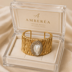Gold Woven Pearl Cuff Bracelet | Vintage Wide Statement Bracelet by AMBERÉA