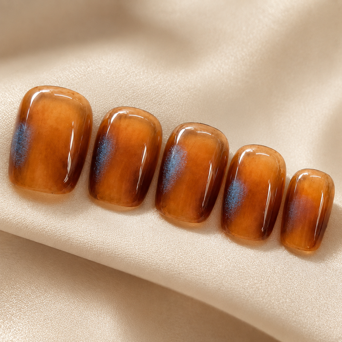 Amber Brown Cat Eye Press On Nails | Handmade Reusable Short Square Nails by AMBERÉA