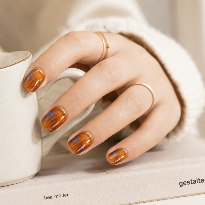 Amber Brown Cat Eye Press On Nails | Handmade Reusable Short Square Nails by AMBERÉA