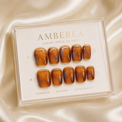 Amber Brown Cat Eye Press On Nails | Handmade Reusable Short Square Nails by AMBERÉA