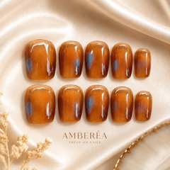 Amber Brown Cat Eye Press On Nails | Handmade Reusable Short Square Nails by AMBERÉA