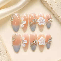 Peach Grey Floral Press On Nails | Handmade 3D Flower Rhinestone Almond Nails by AMBERÉA
