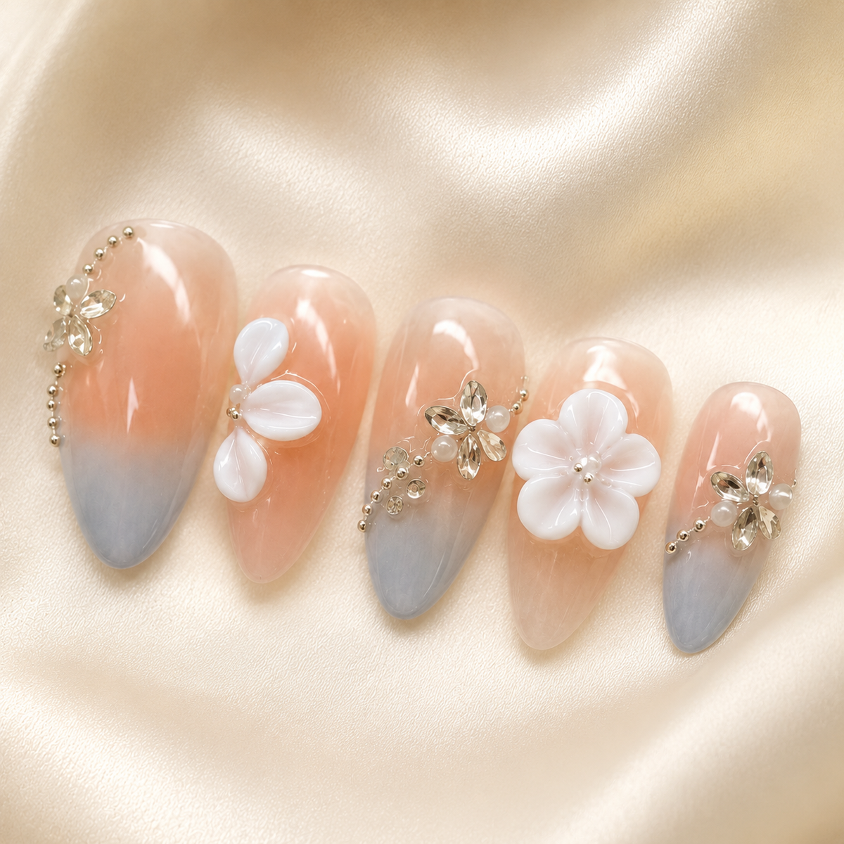 Peach Grey Floral Press On Nails | Handmade 3D Flower Rhinestone Almond Nails by AMBERÉA