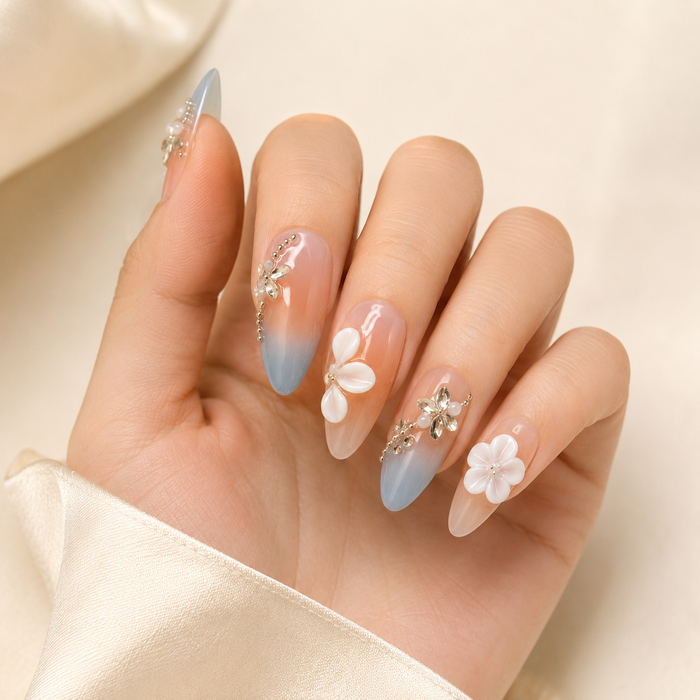 Peach Grey Floral Press On Nails | Handmade 3D Flower Rhinestone Almond Nails by AMBERÉA