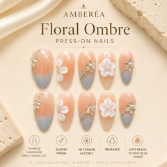 Peach Grey Floral Press On Nails | Handmade 3D Flower Rhinestone Almond Nails by AMBERÉA