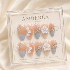 Peach Grey Floral Press On Nails | Handmade 3D Flower Rhinestone Almond Nails by AMBERÉA