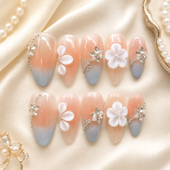 Peach Grey Floral Press On Nails | Handmade 3D Flower Rhinestone Almond Nails by AMBERÉA
