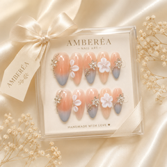 Peach Grey Floral Press On Nails | Handmade 3D Flower Rhinestone Almond Nails by AMBERÉA