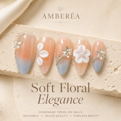 Peach Grey Floral Press On Nails | Handmade 3D Flower Rhinestone Almond Nails by AMBERÉA
