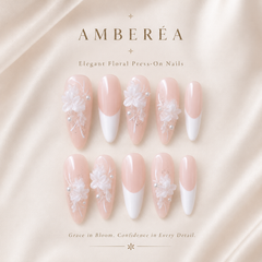 Nude French Floral Press On Nails | Handmade 3D Flower Bridal Almond Nails by AMBERÉA