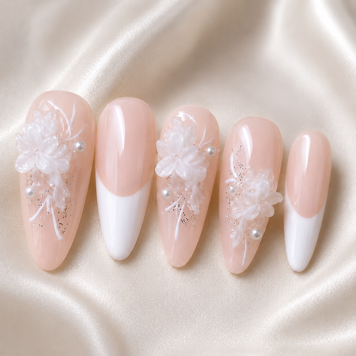 Nude French Floral Press On Nails | Handmade 3D Flower Bridal Almond Nails by AMBERÉA