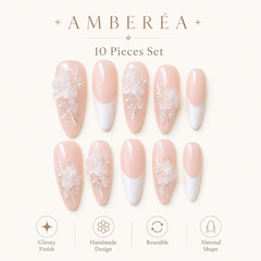 Nude French Floral Press On Nails | Handmade 3D Flower Bridal Almond Nails by AMBERÉA