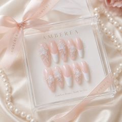 Nude French Floral Press On Nails | Handmade 3D Flower Bridal Almond Nails by AMBERÉA