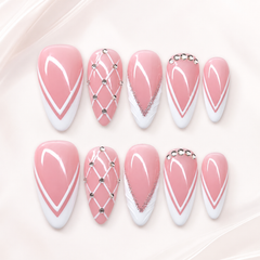 Pink French Rhinestone Press On Nails | Handmade Glossy Almond Nails by AMBERÉA