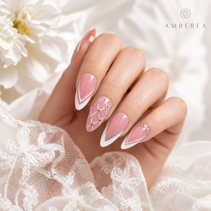 Pink French Rhinestone Press On Nails | Handmade Glossy Almond Nails by AMBERÉA