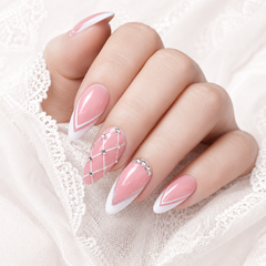 Pink French Rhinestone Press On Nails | Handmade Glossy Almond Nails by AMBERÉA