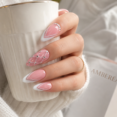 Pink French Rhinestone Press On Nails | Handmade Glossy Almond Nails by AMBERÉA