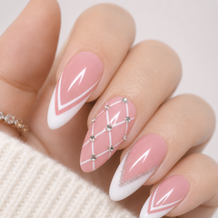 Pink French Rhinestone Press On Nails | Handmade Glossy Almond Nails by AMBERÉA