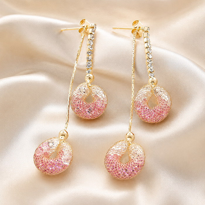 Pink Hollow Ball Drop Earrings | Gold Tone Rhinestone Dangle Earrings by AMBERÉA