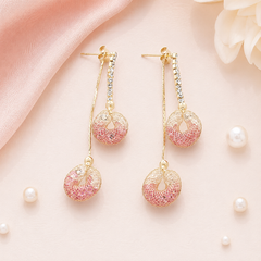 Pink Hollow Ball Drop Earrings | Gold Tone Rhinestone Dangle Earrings by AMBERÉA