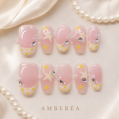 Pink Star Rhinestone Press On Nails | Handmade Cute Short Square Nails by AMBERÉA