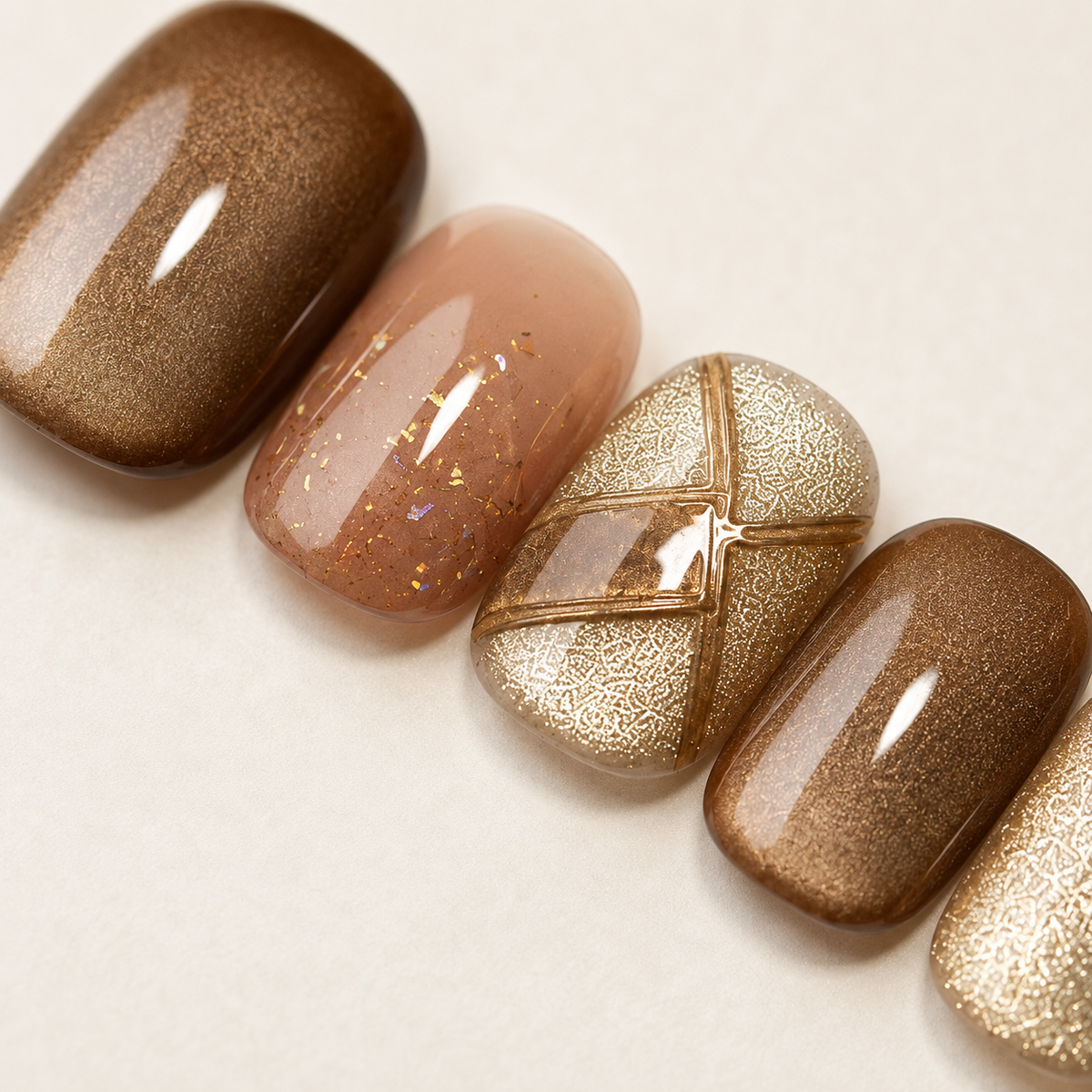 Mocha Brown Gold Foil Press On Nails | Handmade Fall Winter Short Square Nails by AMBERÉA