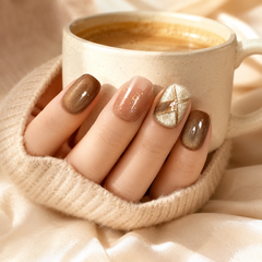 Mocha Brown Gold Foil Press On Nails | Handmade Fall Winter Short Square Nails by AMBERÉA