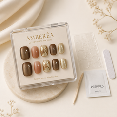 Mocha Brown Gold Foil Press On Nails | Handmade Fall Winter Short Square Nails by AMBERÉA