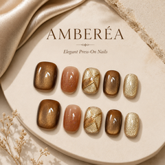 Mocha Brown Gold Foil Press On Nails | Handmade Fall Winter Short Square Nails by AMBERÉA