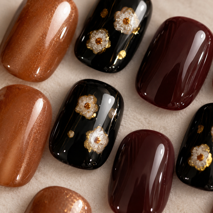 Amber Brown Black Floral Press On Nails | Handmade Fall Winter Short Square Nails by AMBERÉA