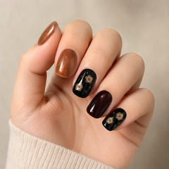 Amber Brown Black Floral Press On Nails | Handmade Fall Winter Short Square Nails by AMBERÉA