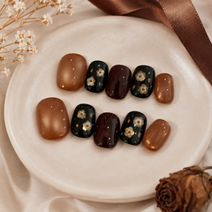 Amber Brown Black Floral Press On Nails | Handmade Fall Winter Short Square Nails by AMBERÉA