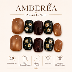Amber Brown Black Floral Press On Nails | Handmade Fall Winter Short Square Nails by AMBERÉA