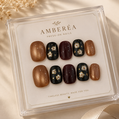 Amber Brown Black Floral Press On Nails | Handmade Fall Winter Short Square Nails by AMBERÉA