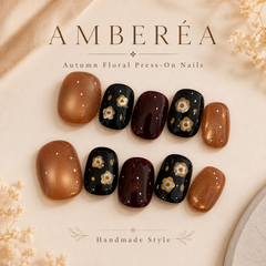 Amber Brown Black Floral Press On Nails | Handmade Fall Winter Short Square Nails by AMBERÉA