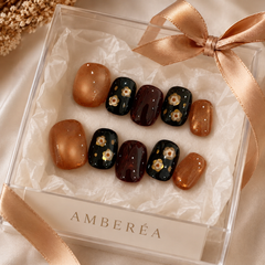 Amber Brown Black Floral Press On Nails | Handmade Fall Winter Short Square Nails by AMBERÉA