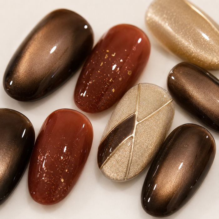 Brown Cat Eye Press On Nails | Autumn Winter Short Oval Nails