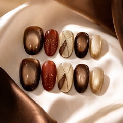 Brown Cat Eye Press On Nails | Autumn Winter Short Oval Nails
