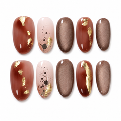 Brown Gold Foil Press On Nails | Fall Winter Short Oval Nails
