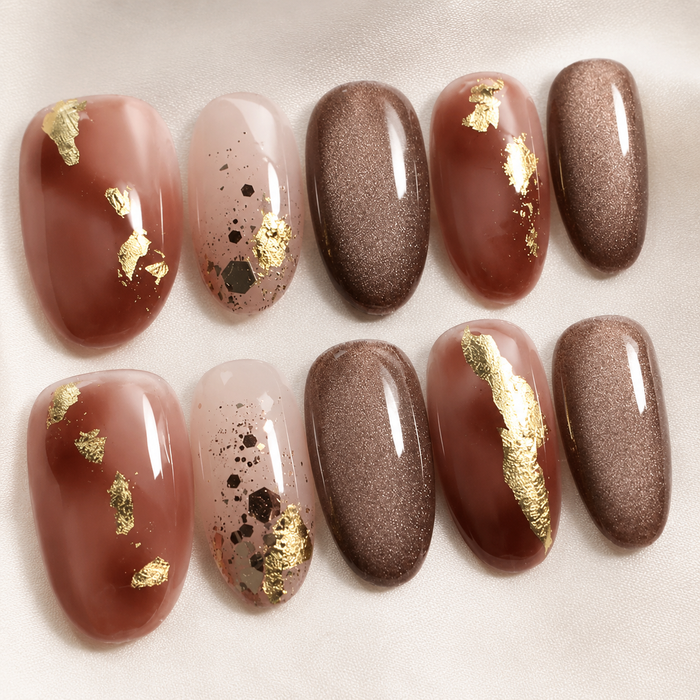 Brown Gold Foil Press On Nails | Fall Winter Short Oval Nails