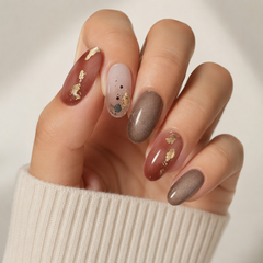 Brown Gold Foil Press On Nails | Fall Winter Short Oval Nails