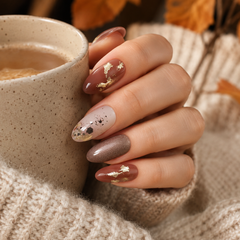 Brown Gold Foil Press On Nails | Fall Winter Short Oval Nails