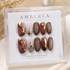 Brown Gold Foil Press On Nails | Fall Winter Short Oval Nails