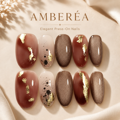Brown Gold Foil Press On Nails | Fall Winter Short Oval Nails