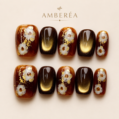 Autumn Floral Cat Eye Press On Nails – Amber Brown Gold Foil Short Square Fake Nails, Fall Winter Luxury Nail Set