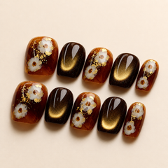 Autumn Floral Cat Eye Press On Nails – Amber Brown Gold Foil Short Square Fake Nails, Fall Winter Luxury Nail Set
