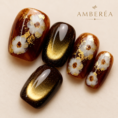 Autumn Floral Cat Eye Press On Nails – Amber Brown Gold Foil Short Square Fake Nails, Fall Winter Luxury Nail Set