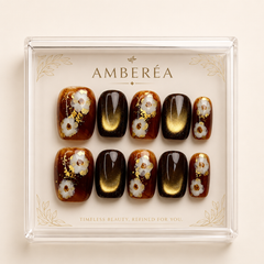 Autumn Floral Cat Eye Press On Nails – Amber Brown Gold Foil Short Square Fake Nails, Fall Winter Luxury Nail Set