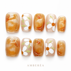 Autumn Daisy Press On Nails | Caramel Floral Short Square Nails